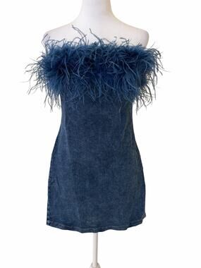 Salt Women Strapless Blue Mini Denim Feather Trim Dress Size L